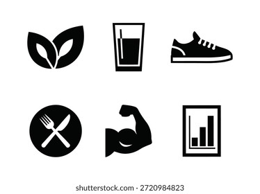Un conjunto minimalista de seis iconos en blanco y negro relacionados con la salud y el bienestar. Los iconos incluyen una representación estilizada de hojas para alimentos saludables u orgánicos, un vaso para hidratación, una zapatilla para correr para hacer ejercicio, un tenedor y cuchillo cruzados para cenar, un músculo del brazo que se flexiona para aumentar la fuerza y un gráfico de barras para el seguimiento del progreso o el análisis de datos. Estos íconos son ideales para su uso en Sitios web, App o materiales relacionados con la forma física, la dieta y el estilo de vida saludable.