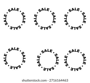 Um conjunto minimalista de seis desenhos tipográficos circulares com a palavra "Sale" repetida em um padrão redondo. Esses gráficos vetoriais em preto-e-branco são perfeitos para embalagens de produtos modernos, adesivos de mídia social ou marcas de varejo minimalistas.