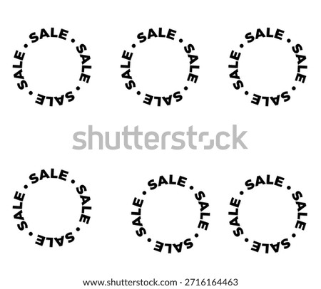 A minimalist set of six circular typographic designs featuring the word "Sale" repeated in a round pattern. These clean, black-and-white vector graphics are perfect for modern product packaging, social media stickers, or minimalist retail branding.