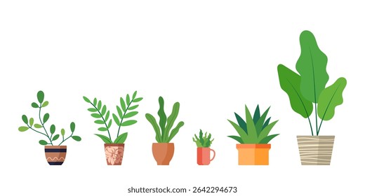 Minimalist set of six potted houseplants with diverse green foliage, arranged in a row on a white background — perfect for eco and home decor themes.