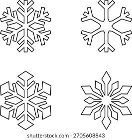 A minimalist set of snowflake icons designed with outlines, ideal for holiday decorations, winter themes, or seasonal illustrations.