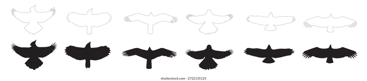 Un conjunto minimalista de águilas altísimas en estilos rojo, negro y contorno, encarnando la libertad y la fuerza contra la Ilustración vectorial de la lona.