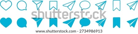 A minimalist set of social media interaction icons showing outline and filled styles for like, comment, share, and bookmark, arranged in a clean grid on a light gray background for modern UI and UX design use.