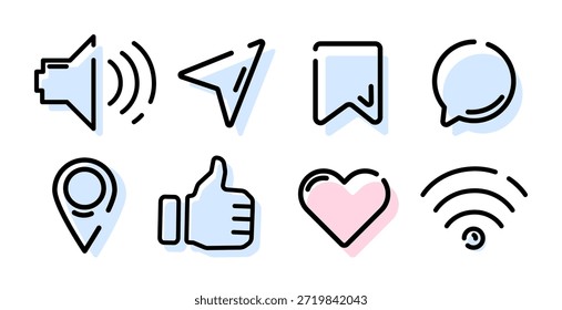 Minimalist set of social media and interface icons with like, heart, chat, location, message, sound, Wi Fi, and bookmark for apps, websites, digital marketing, UI design,social media platforms Vector 