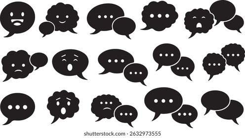 Conjunto minimalista de balões de fala e pensamento em estilo de silhueta preto sólido. Inclui várias formas para diálogo, comentários e pensamento, perfeito para quadrinhos, interfaces de usuário e comunicação