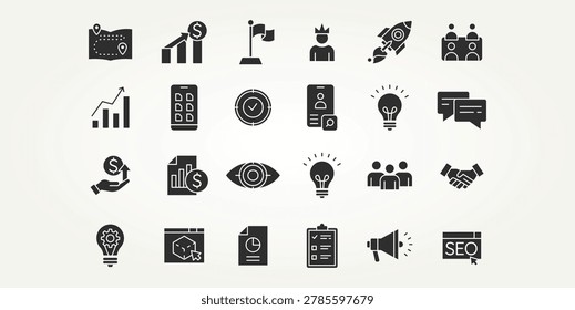 minimalist set of start up business development silhouette flat icons vector illustration design. social media, digital marketing, branding, and more