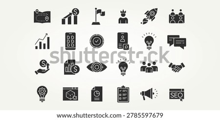 minimalist set of start up business development silhouette flat icons vector illustration design. social media, digital marketing, branding, and more