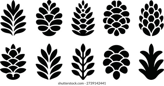 A minimalist set of ten different black silhouettes representing various natural elements like fir cones and leaves, on a crisp white ground.