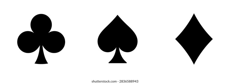 A minimalist set of three black playing card suit icons featuring a club a spade and a diamond shape for gambling and gaming designs