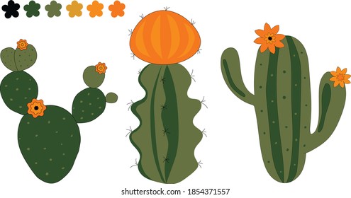 Minimalist set of three cactus in green and orange colours. 