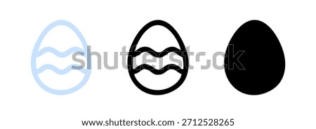 A minimalist set of three Easter egg icons with wave patterns, presented in soft blue, black, and solid black colors, ideal for Easter-themed designs.