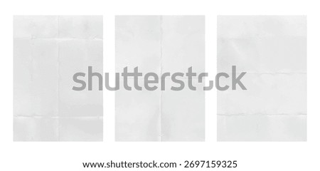 Minimalist set of three folded white paper sheets on transparent background, realistic blank paper texture with creases and folds