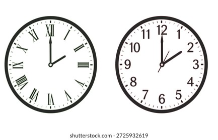 Conjunto Minimalista de Duas Faces de Relógio Analógico com Numerais Romanos e Árabes Isolados no Plano de Fundo Branco