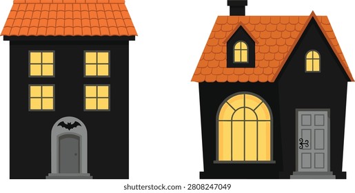 A minimalist set of two haunted house illustrations featuring glowing yellow windows and vibrant orange roofs. These flat vector designs are ideal for Halloween party invitations, seasonal greeting cards, and social media marketing.
