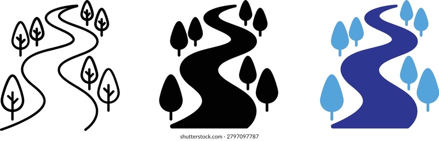 Minimalist set of winding river and forest tree silhouettes in line art black and blue colors for design