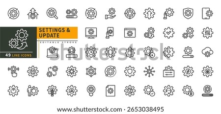 Minimalist Settings Update line icon set with editable stroke, featuring control, tool, system, spanner, wrench, gear, update, gears, screwdriver etc. illustration.