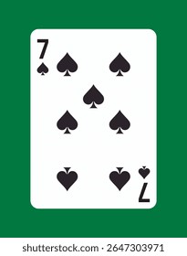 Minimalista sete de espadas jogando carta com símbolos de espadas pretas em um fundo retangular branco, colocado sobre um fundo verde. Ilustração vetorial