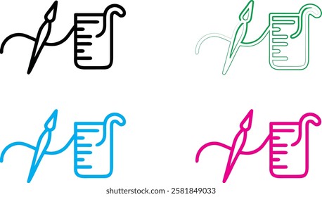 Minimalist sewing icons, needle and thread, colorful outlines, simple line drawings, repetitive design, black pink blue green, whimsical style, crafting symbols, seamstress tools, playful illustration