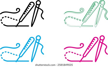 Minimalist sewing icons, needle and thread, colorful outlines, simple line drawings, repetitive design, black pink blue green, whimsical style, crafting symbols, seamstress tools, playful illustration