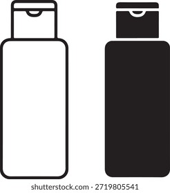 Minimalistisches Shampoo-Flaschensymbol, einzeln auf weißem Hintergrund, sowohl in Umrissen als auch in soliden Stilen präsentiert. Dieses vielseitige Symbol ist ideal für kosmetische Verpackungen, die grafische Einfachheit und modernes Design zeigen. Es repräsentiert Körperpflege, Lotion oder Körperwaschbehälter mit sauberer Ästhetik.