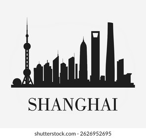 Minimalist Shanghai City Skyline Silhouette — Vector Illustration of Famous Chinese Landmarks in Black on White Background

