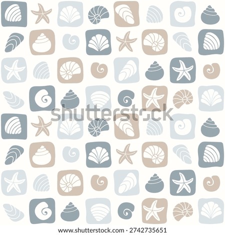 Minimalist shell square tile art. Muted ocean icon pattern. Scandinavian beach background. Summer themed wallpaper vector. starfish, seashell silhouettes grid seamless texture