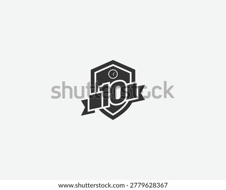Minimalist shield emblem featuring the number ten with a small clock centered above for a ten year anniversary or decade celebration concept