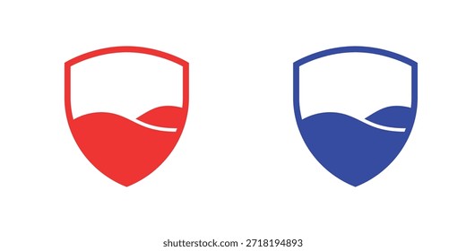 Ícone de vetor de escudo minimalista definido com símbolos de proteção em vermelho e azul para segurança, seguro de segurança e marca de privacidade de dados.
