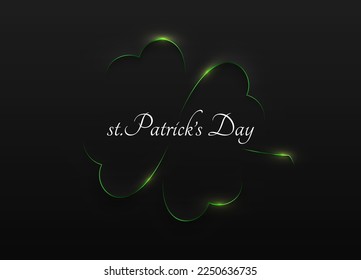 Minimalist shiny green soft 3D clover leaf thin line shape abstract frame design. st Patrick's Day white text. Minimal holiday poster, banner. Four-leaf black background simple vector illustration