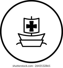 Minimalist ship icon with christian cross, a symbol of exploration and navigation