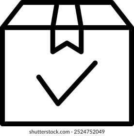 Minimalist shipping box icon with a checkmark, representing delivery, approval, and logistics in a clean, vector design.