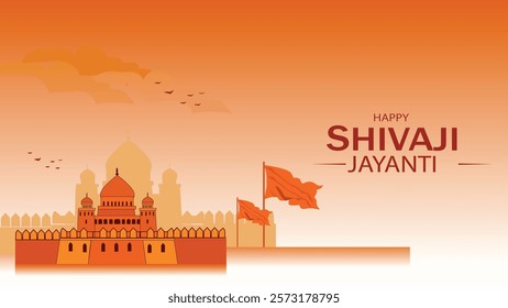 A minimalist Shivaji Jayanti greeting featuring a historic fort with saffron flags fluttering against an orange gradient sky, symbolizing the legacy and pride of Chhatrapati Shivaji Maharaj