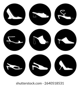Minimalist Women’s Shoes Icons – White Silhouettes on Black Circle Backgrounds.
Modern and stylish monochrome silhouette design with clean, high-contrast aesthetics.
