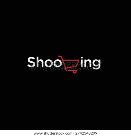 Minimalist Shooping Text Logo with Creative Red Shopping Cart Icon Symbol Integrated in Typography on Dark Background Vector Logo Design.