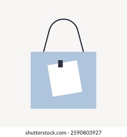 Minimalist shopping bag icon with a light blue background and a white note. Simple design with a handle. Perfect for shopping or retail themes. Vector illustration.