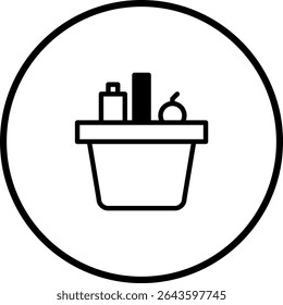 Minimalist shopping basket icon within a circle, portraying groceries and daily essentials