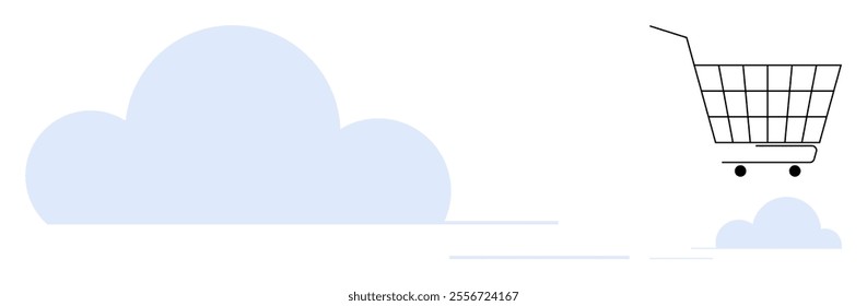 A minimalist shopping cart appears to float among soft blue clouds. Ideal for themes of online shopping, digital marketing, e-commerce, cloud technology, and virtual retail. Clean and modern style