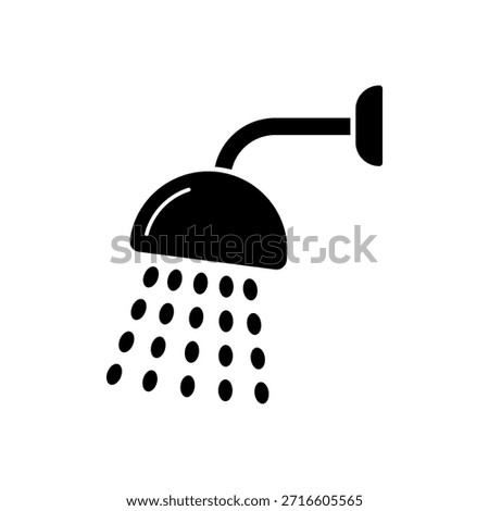 Minimalist shower head icon with falling water drops, bathroom silhouette vector illustration isolated on white background.