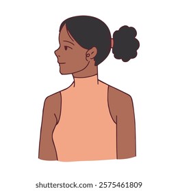 A minimalist side portrait of a young woman wearing a sleeveless peach top. The artwork emphasizes elegance and individuality through clean lines and a warm color palette