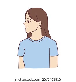 A minimalist side portrait of a young woman wearing a simple blue shirt. The artwork highlights natural beauty and individuality through clean lines and soft pastel colors