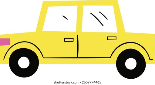A minimalist side view of a car with bold outlines and basic shapes. The vehicle is depicted in a straightforward style with clear lines and simple geometry. Cartoon vector illustration.