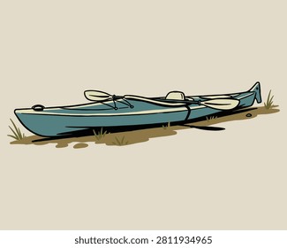 A minimalist side view illustration showing a blue kayak and paddles resting on the sandy ground.