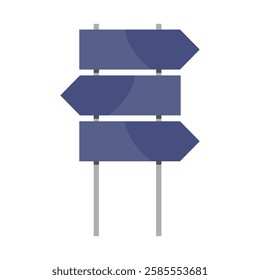 A minimalist signpost with three blank purple arrows pointing in opposite directions.