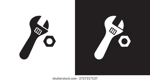 Silueta minimalista de llave ajustable y tuerca hexagonal en blanco y negro