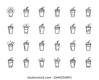 Minimalist Silhouette Beverage Icons Set – 25 Outline Drink Cup Illustrations with Lids and Straws on White Background for Café, Juice Bar, Coffee Shop, or UI Design