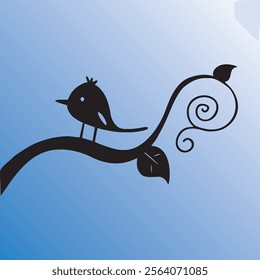 a minimalist silhouette of birds perched on a leafless tree branch, illustration line art Pro Vector