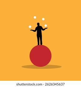 Minimalist Silhouette of Business Man Juggling on a Ball. Ways to do business and circus entertainment industry vector art