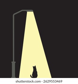 Minimalist Silhouette of a Cat Sitting Under a Street Lamp at Night