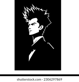 Minimalist Silhouette: Confident 90s Comic-Style Spiky-haired Man. Spike-haired Man Silhouette: Minimalist 90s Comic-Style Confidence