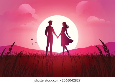  A minimalist silhouette of a couple holding hands against a vibrant sunset background. Symbol of love, intimacy, and connection.